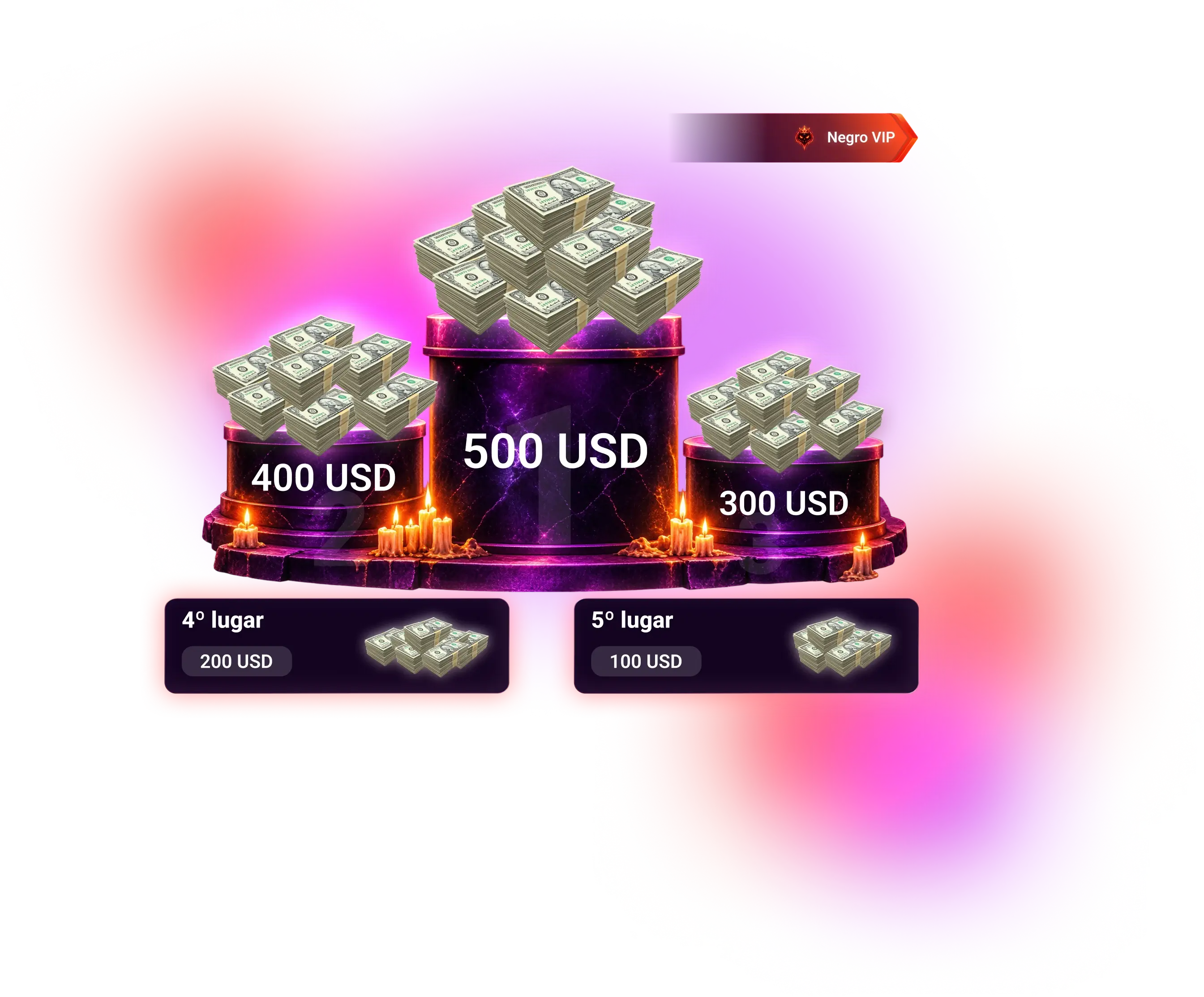 Bronce. 1: 500 USD; 2: 400 USD; 3: 300 USD; 4: 200 USD; 5: 100 USD